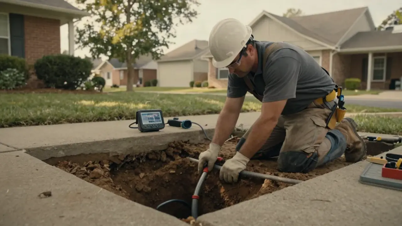 Slab Leak Repair in Missouri City, Texas: plumber kneeling next to a house foundation, carefully inspecting the soil for