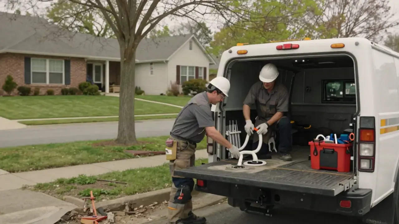 Slab Leak Repair in Missouri City, Texas: rear view of a plumber's service truck, parked on a residential street, with a