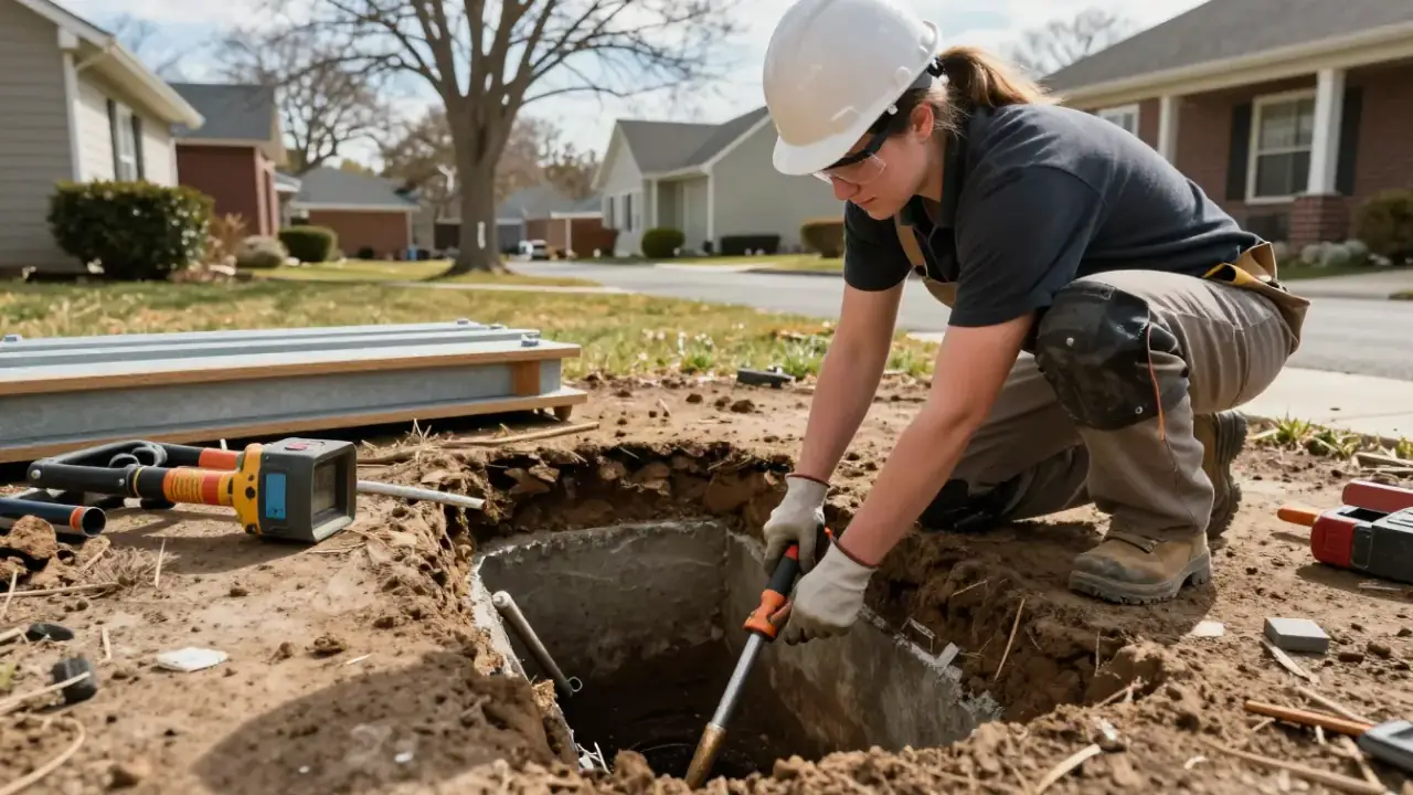 Slab Leak Repair in Missouri City, Texas: plumber meticulously digging an access tunnel under a residential foundation in a