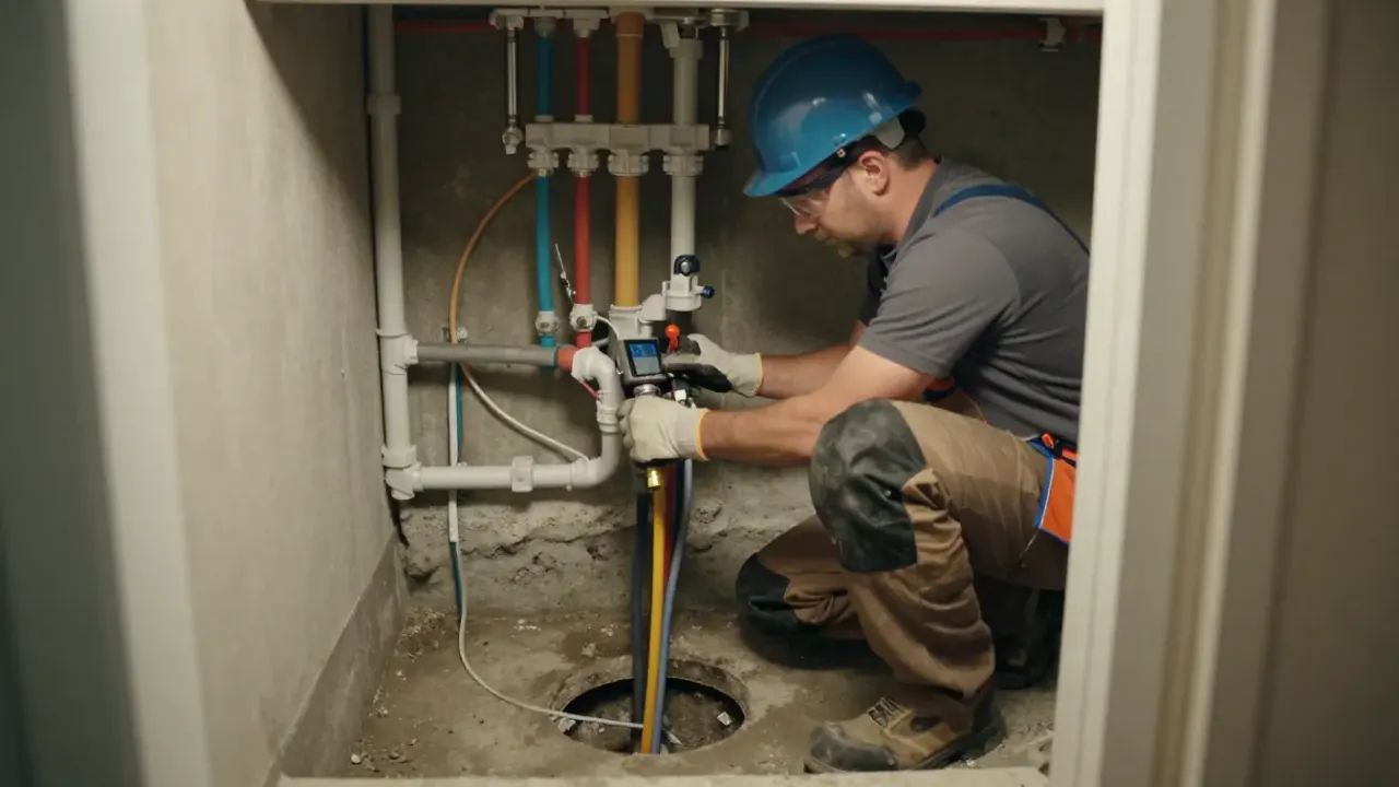 Whole-House Repiping in Missouri City, Texas: plumber installing new PEX manifold system in a utility room, with multiple